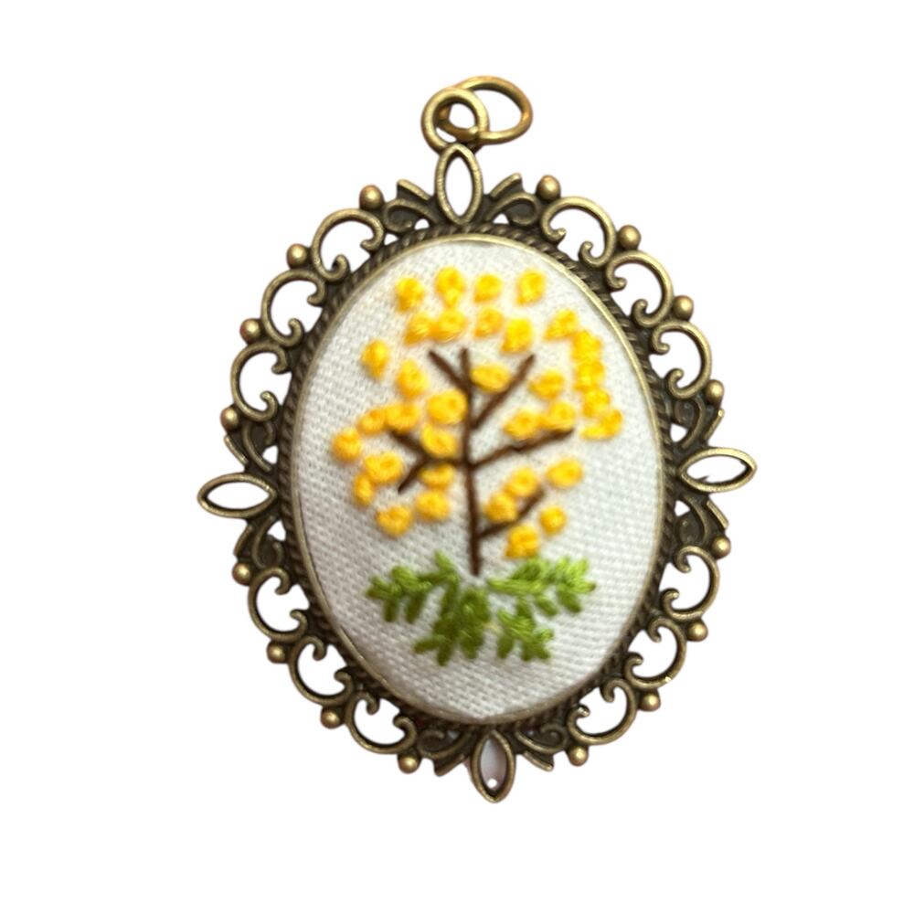 Yellow Floral Hand-stitched Floral Pendant necklace - Embroidery Necklace